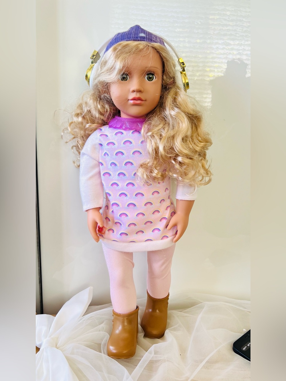 Blonde Curly-Hair Doll in Pink Rainbow Top & Tan Boots